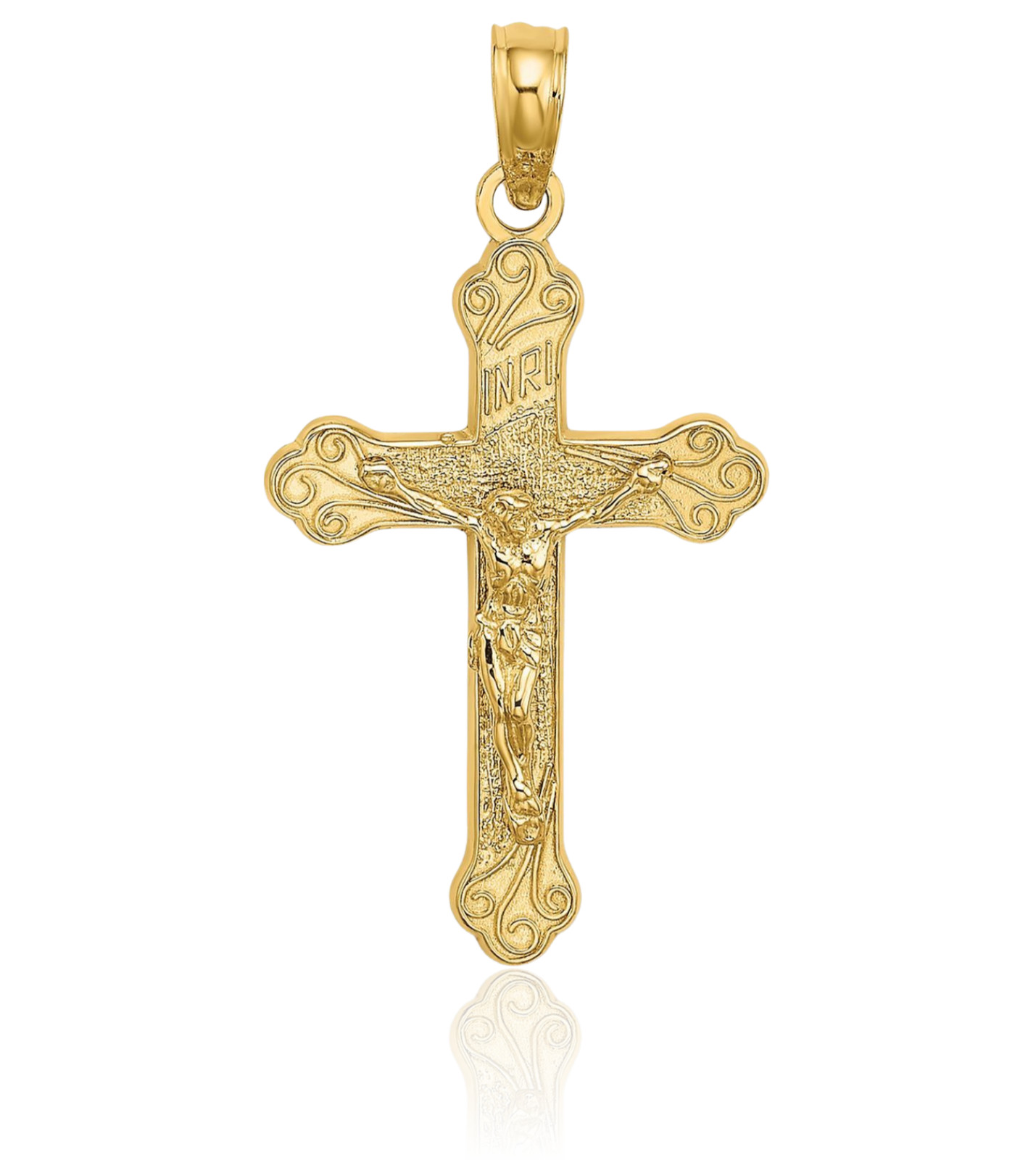 14K Solid Yellow Gold Medium Inri Jesus Crucifix Cross Pendant Necklace 25.8mm
