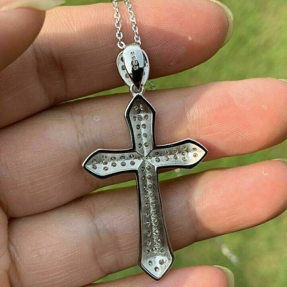 3Ct Round Cut VVS1 Diamond Cross Pendant 14K Solid White Gold Finish Free Chain