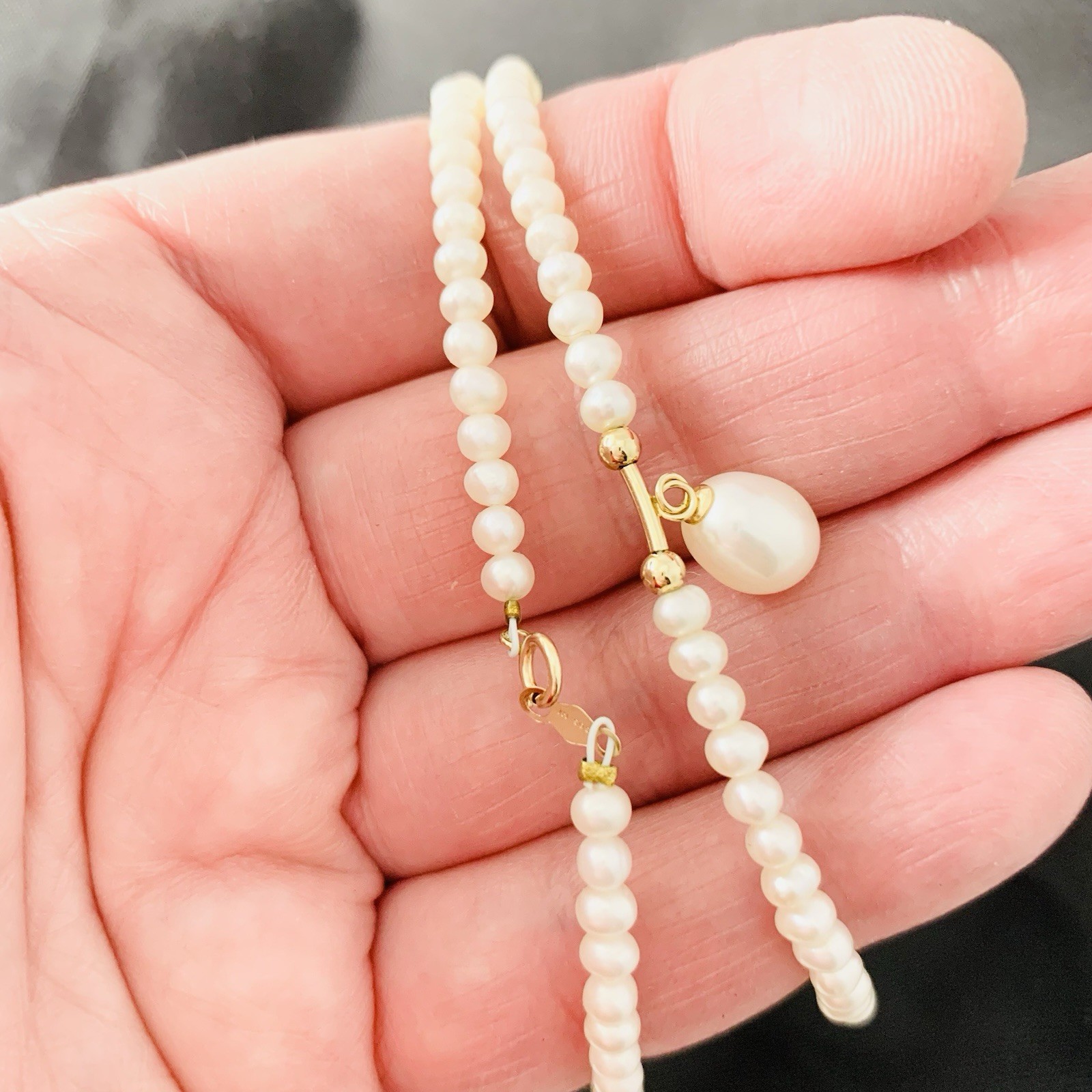 Pearl Necklace & Dangle 14k Yellow Gold 10.33gr FW White Pearl 4mm Dainty 19”