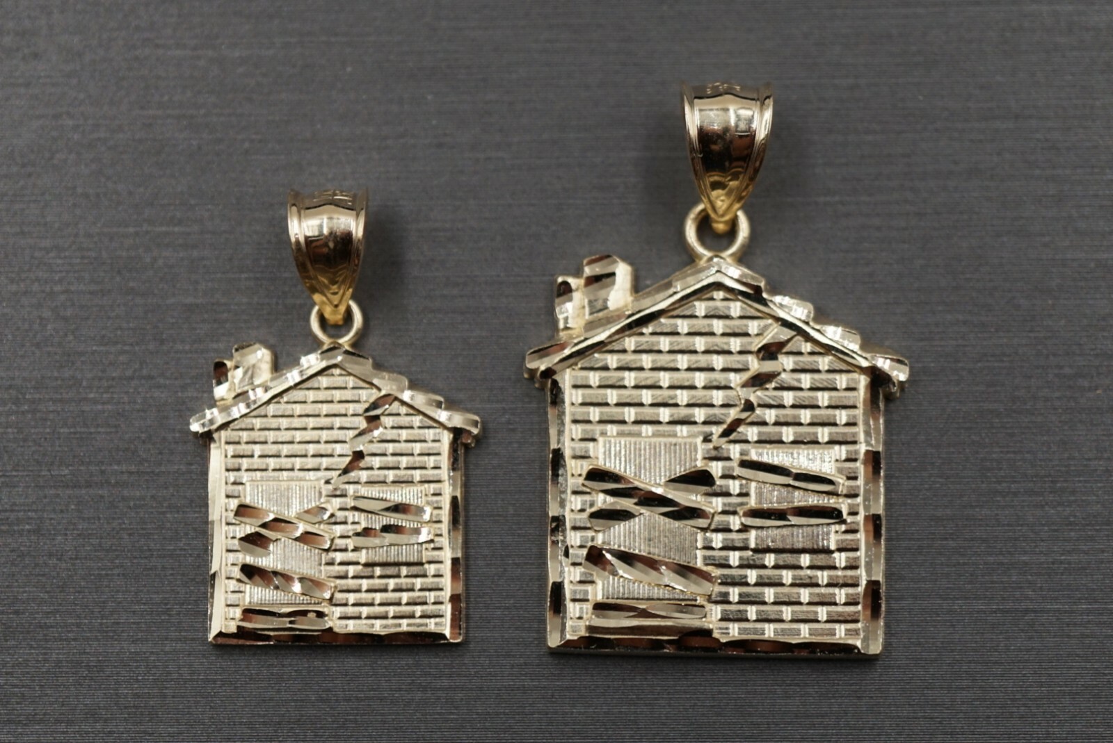 10K Solid Yellow Gold Diamond Cut Trap House Charm Pendant. 3 Sizes