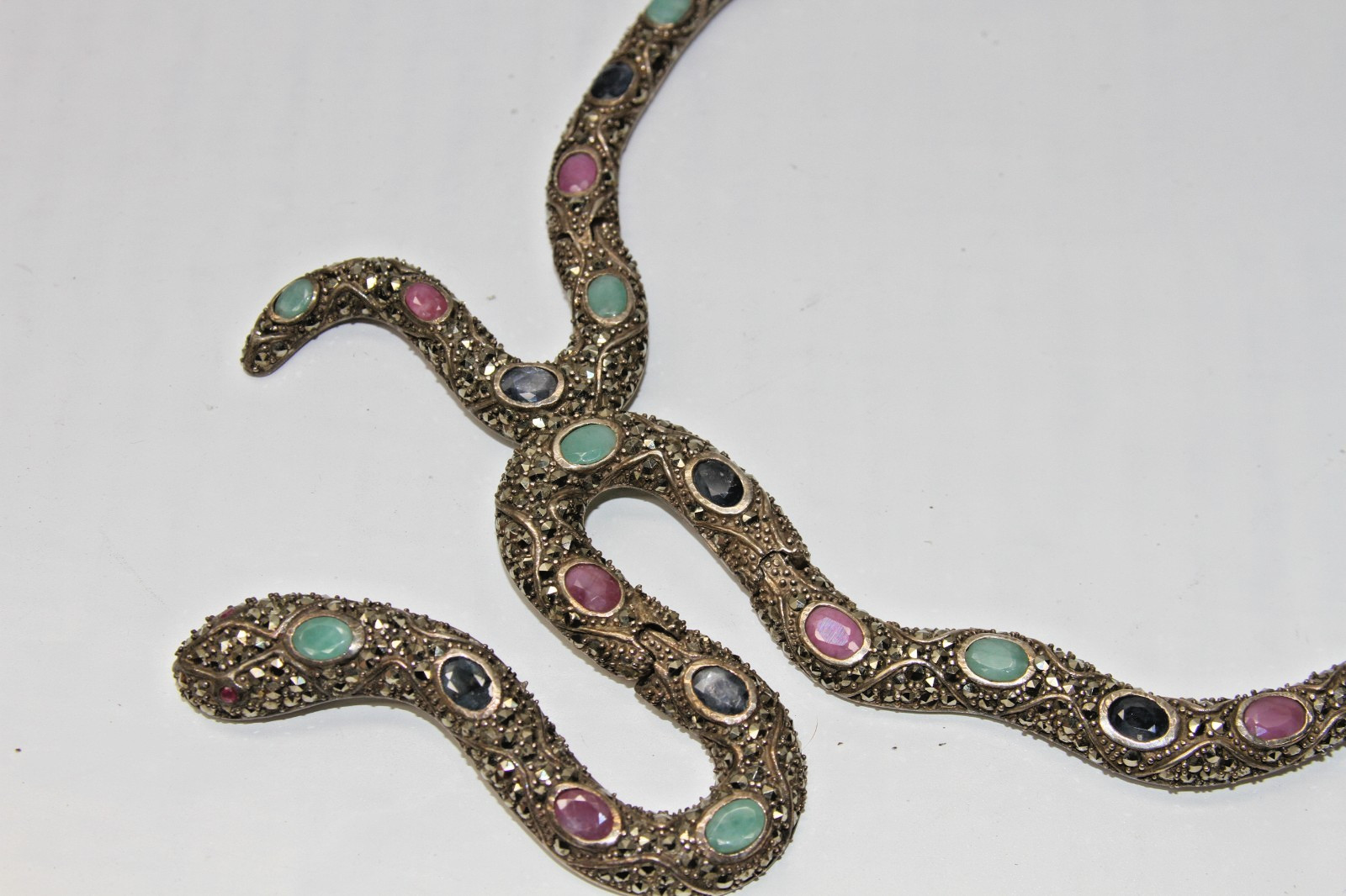 Ruby, Emerald, Sapphire, Marcasite Snake Necklace 925 Sterling Silver 77g