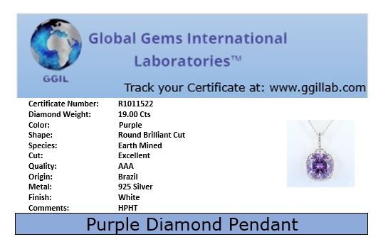 HUGE 19 Ct Certified Purple Diamond Solitaire Necklace, FREE Diamond Studs
