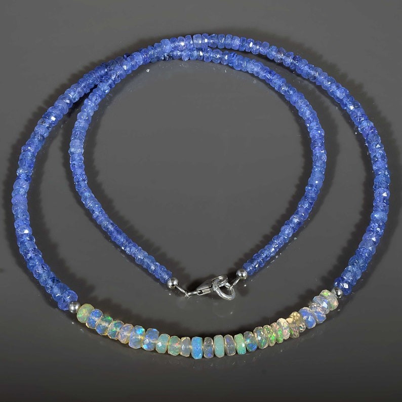 18K White Gold Finished Over AA+ Tanzanite And Opal Beads Necklace In 925Silver