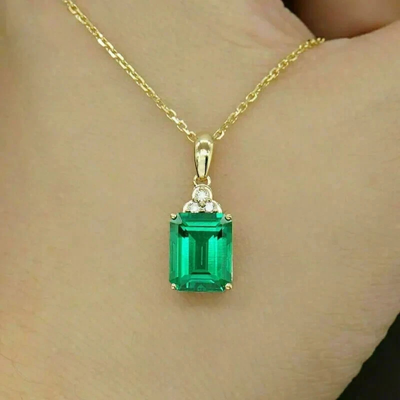 2Ct Lab Created Green Emerald Cut Womens Pendant 14K Yellow Gold Plated 18″Chain