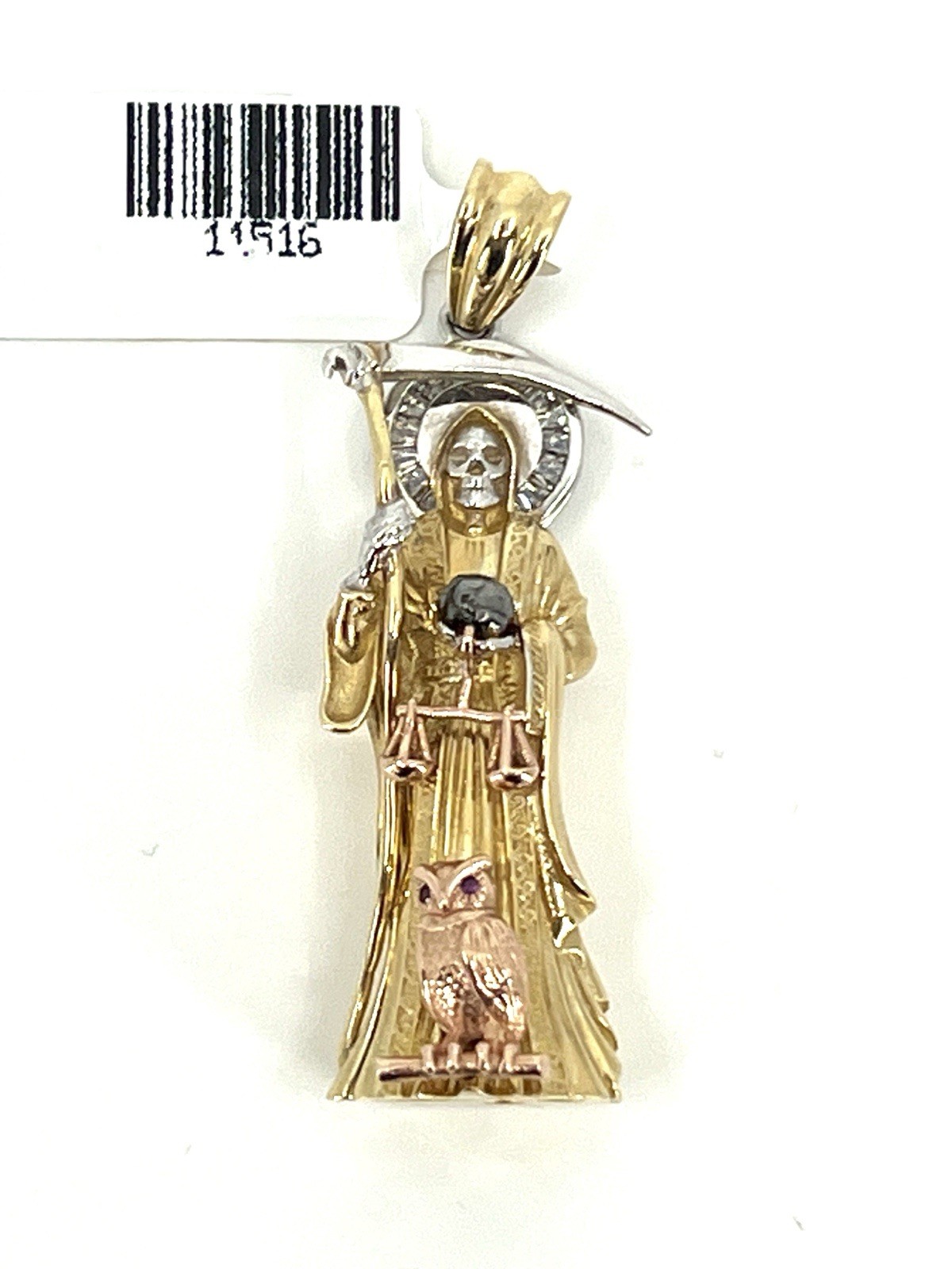 10K Tri-Color Gold Santa Muerte Pendant 2″ Italian CZ Santisima Muerte Authentic
