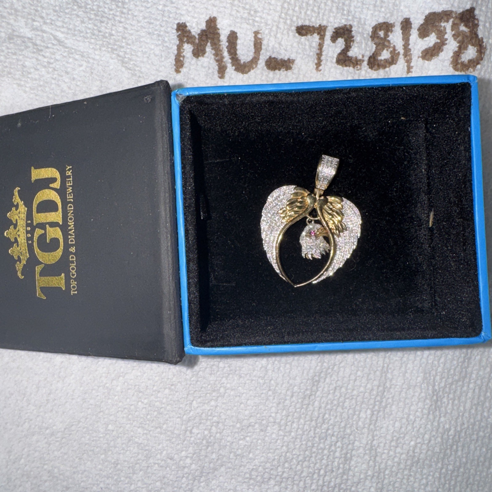 10k Yellow Gold Angel Wings With Eagle 0.41 Ct Diamond Charm Pendant