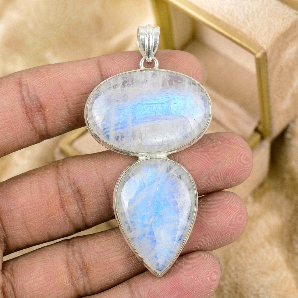 Natural Moonstone Rainbow Gemstone Pendant 925 Sterling Silver Jewelry Pendant