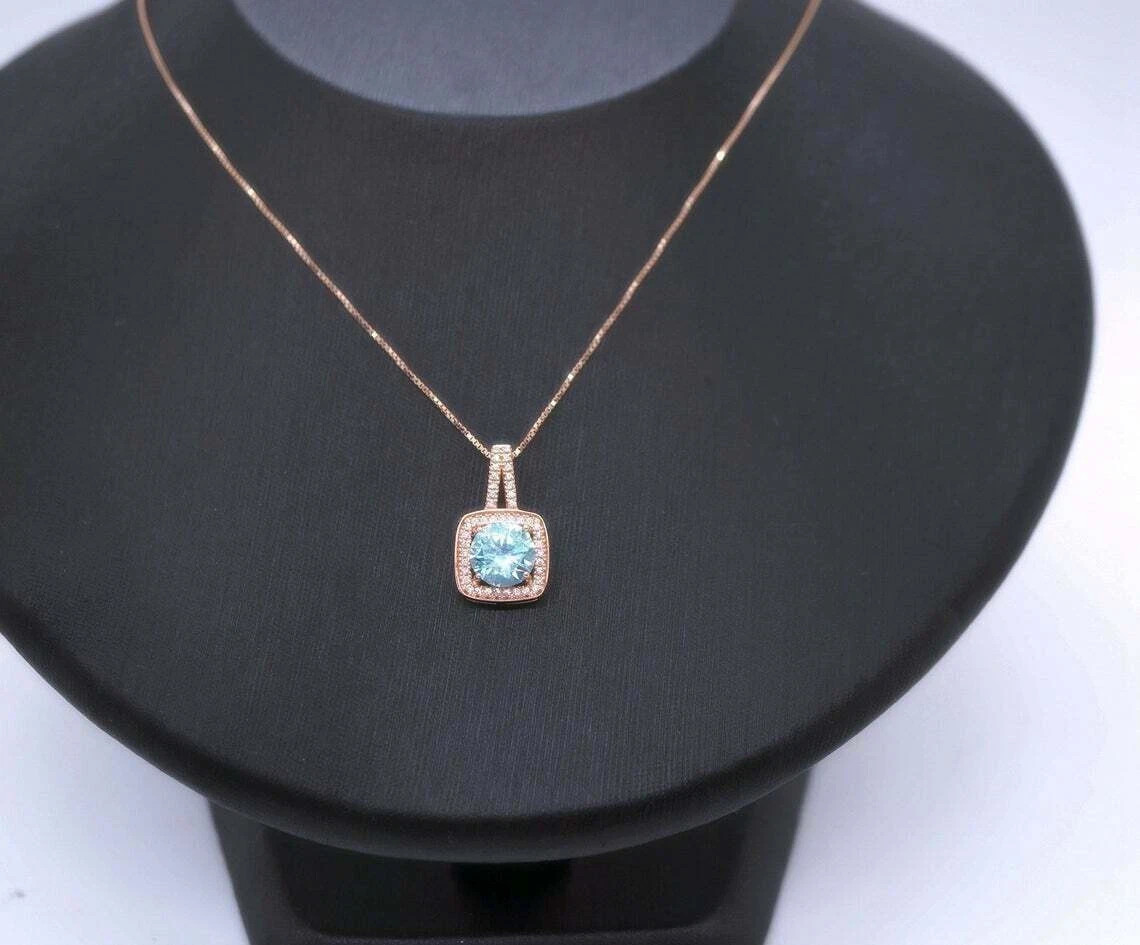 2Ct Round Cut Aquamarine Halo Pendant Necklace 14K Rose Gold Finish Free Chain