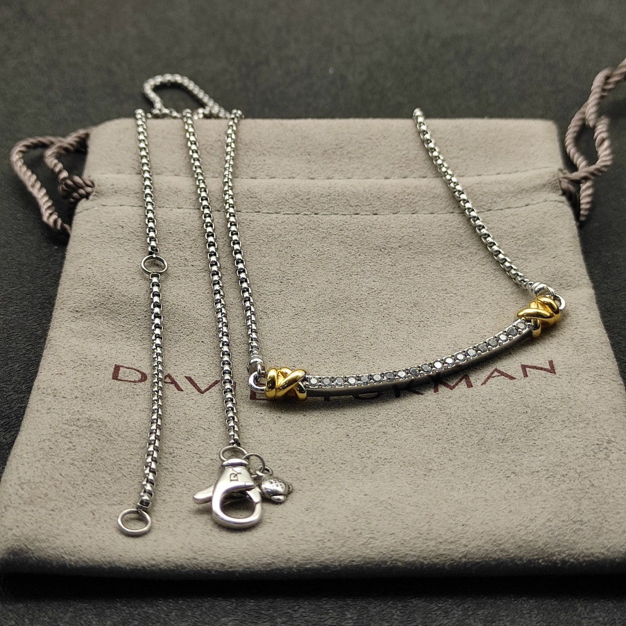 David Yurman Two Tone Crossover Bar Pendant 925 Silver 18K Gold Pave Diamond 55