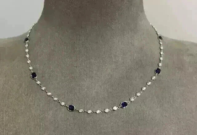 20TCW Oval Lab Created Sapphire & Diamond Tennis Necklace 925 Sterling Silver
