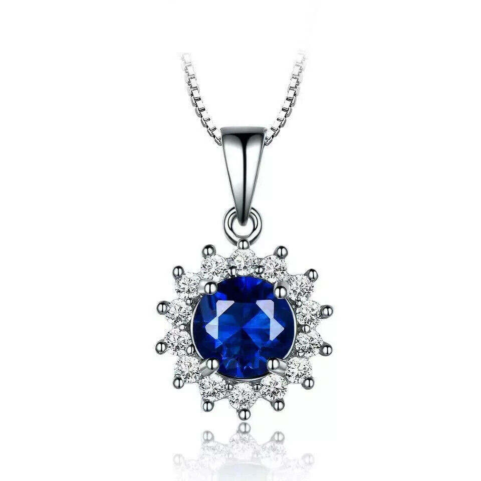 2.00Ct Round Cut Blue Sapphire Halo Pendant Free Chain 14K White Gold Finish