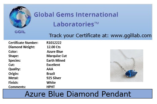 RARE 12 Ct Certified Azure Blue Diamond Necklace-FREE Diamond Studs