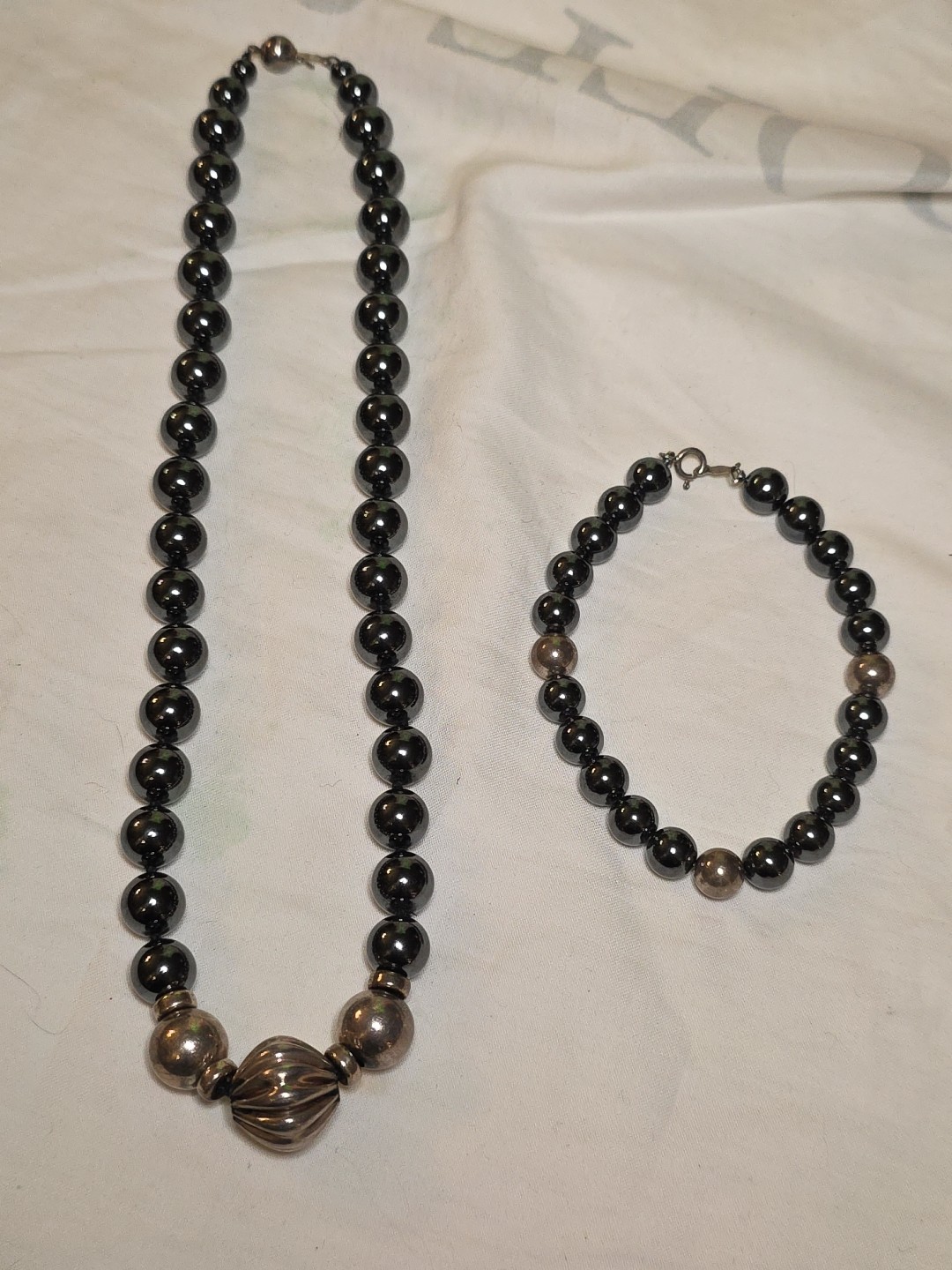 Sterling Silver And Hematite Bead Hand Strung Necklace 17.5″ And Bracelet 8″