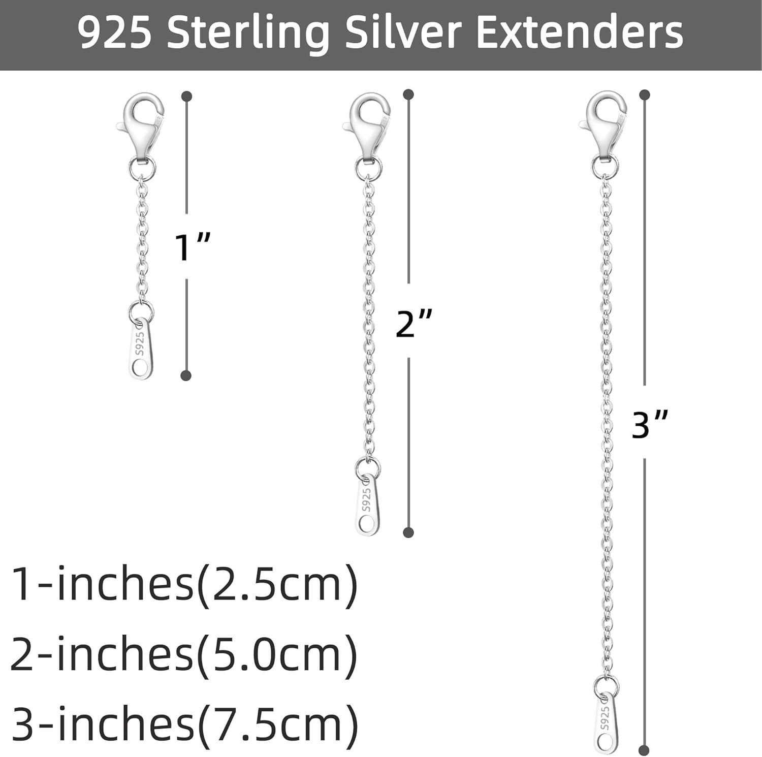 Sterling Silver Necklace Extenders for Women Silver Cha 3 Piece Set (1,2,3 Inch)
