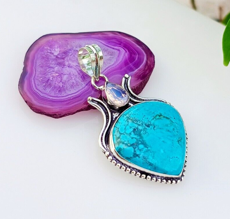Natural Turquoise Gemstone Pendant 925 Sterling Silver Handmade Jewelry 2.20″