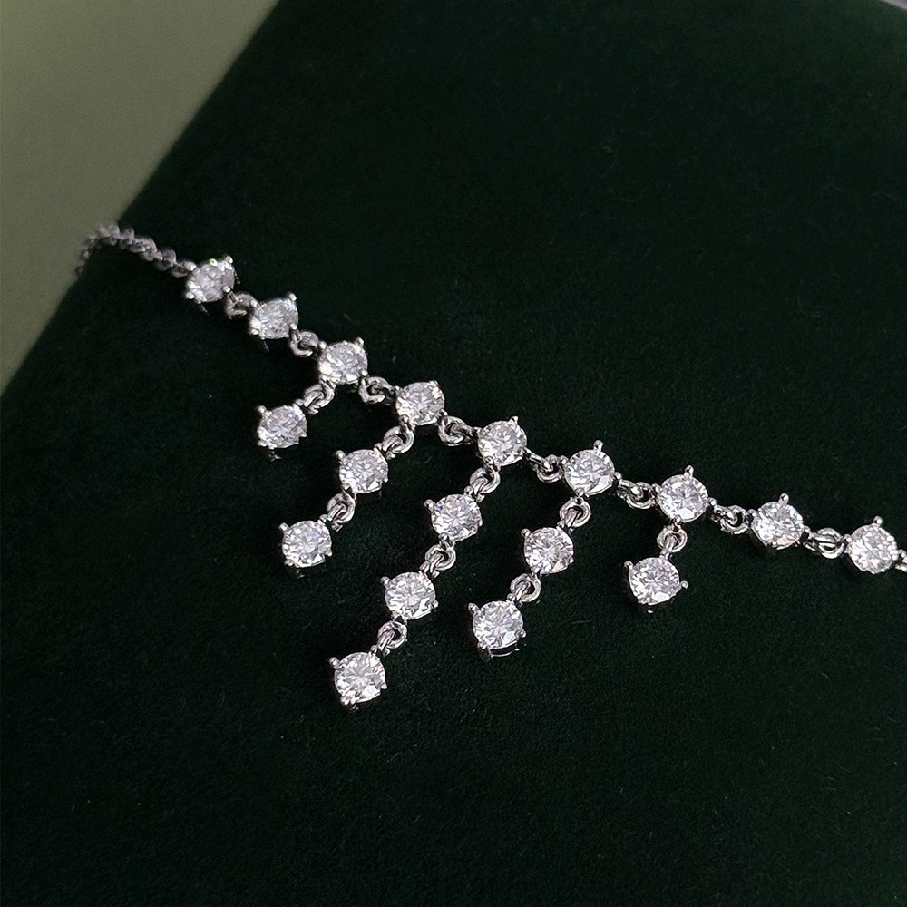 3mm Round Cut Real Moissanite Tassel Pendant Necklace 925 Sterling Silver Chain