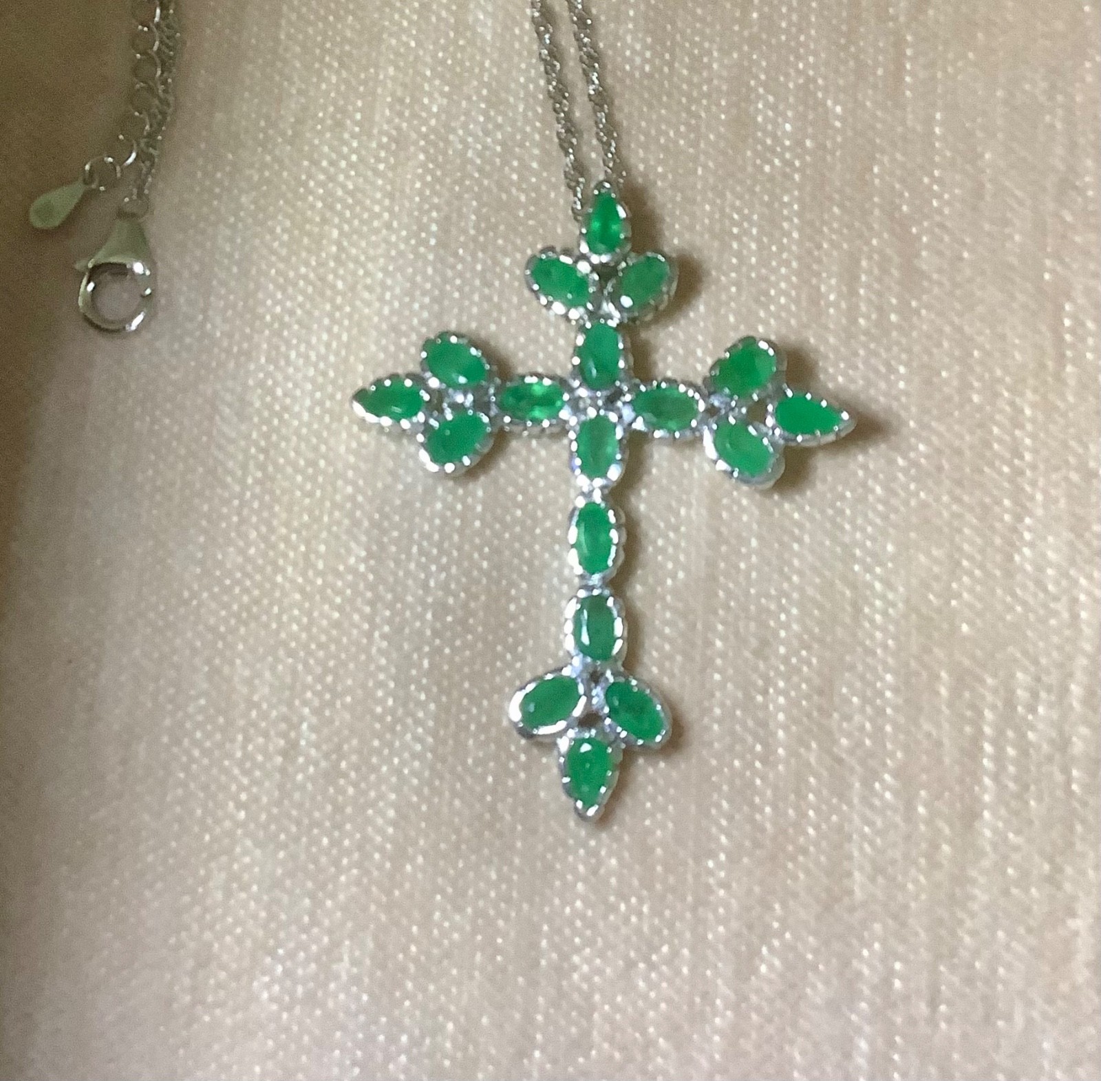Chuck Clemency Sterling Silver Genuine Precious Emerald Cross Pendant w Chain