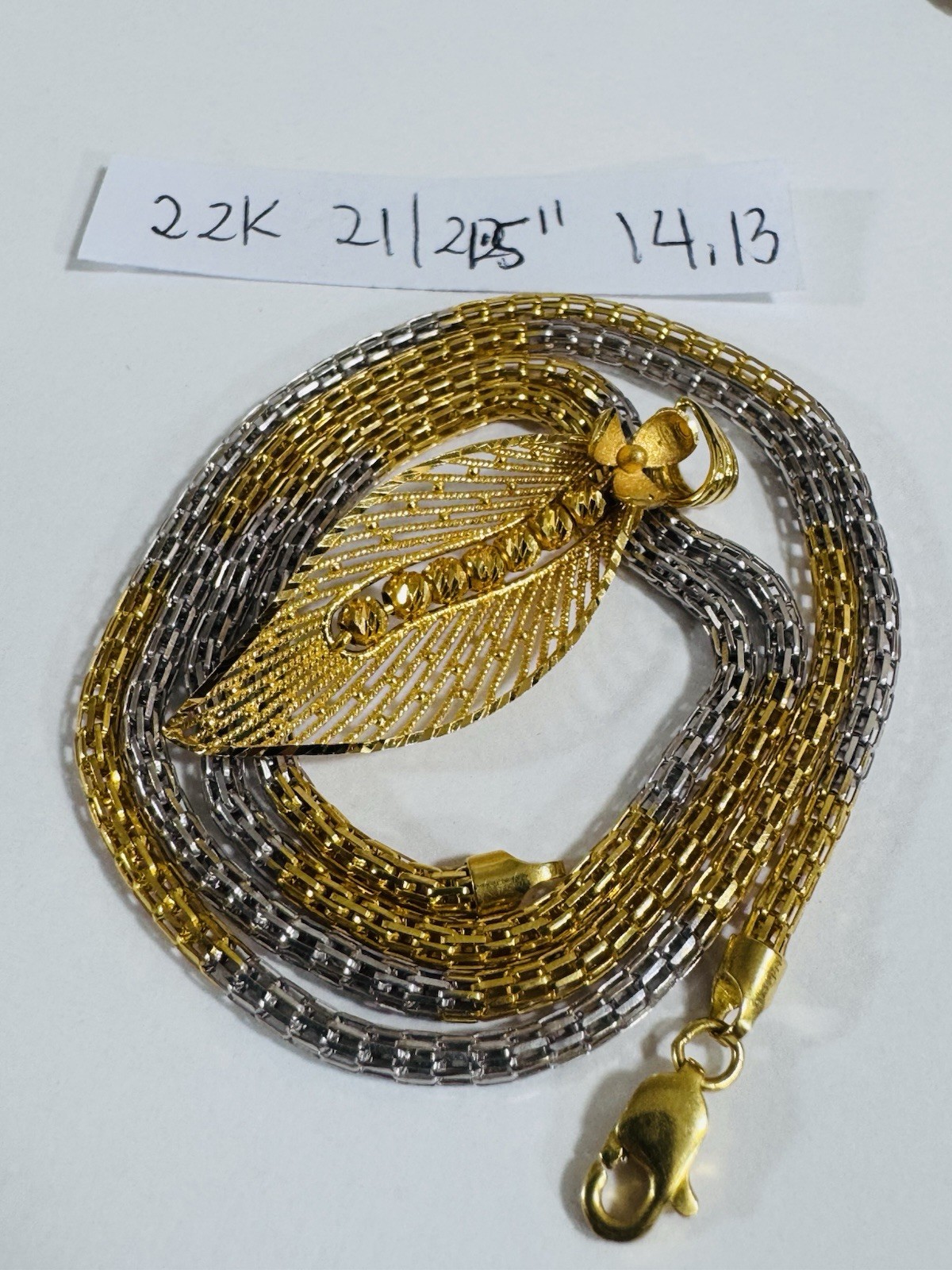 22K 916 Real Gold 21.5”/22” long Flower Leaf Set Necklace 14.1g 3.mm
