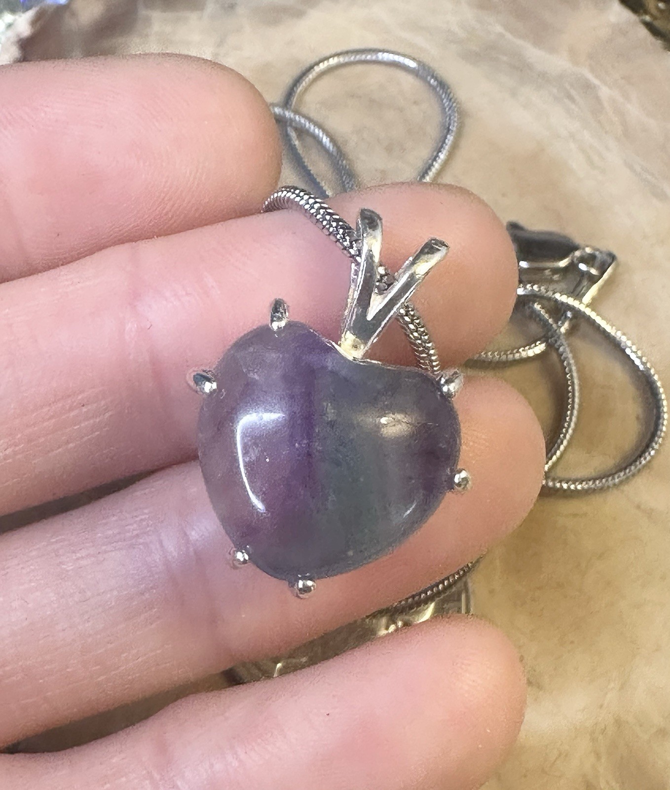 Lovely Purple Blue Fluorite 925 Sterling Silver Heart Pendant Necklace 22 Inch