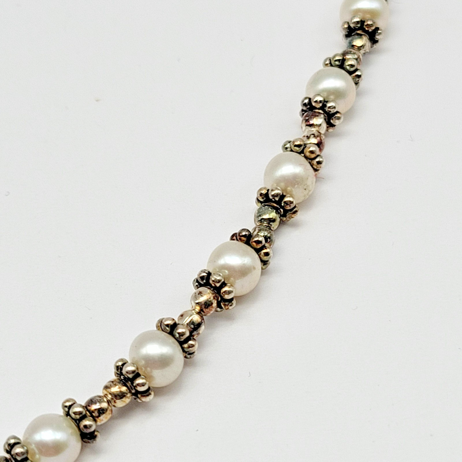 Sterling Silver 4mm Cultured Freshwater Pearl Bali Bead Station Necklace ~ 16″