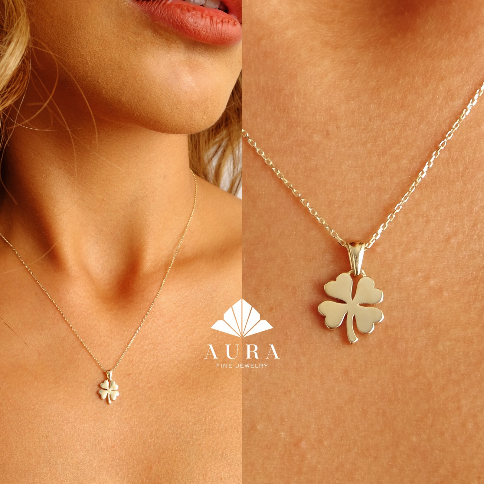 14K Gold Clover Necklace, Four Leaf Pendant, St Patricks Day Accessory, Bride