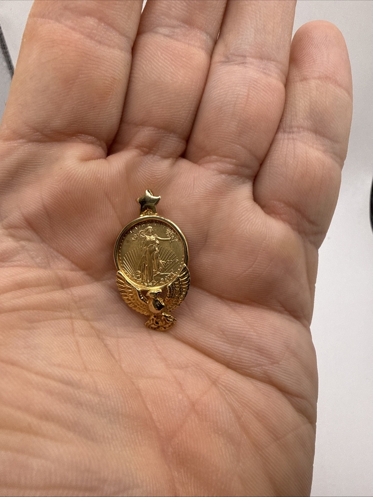 Liberty Coin Pendant 1/10 American Eagle Gold Coin In 13”4k Eagle Bezel New