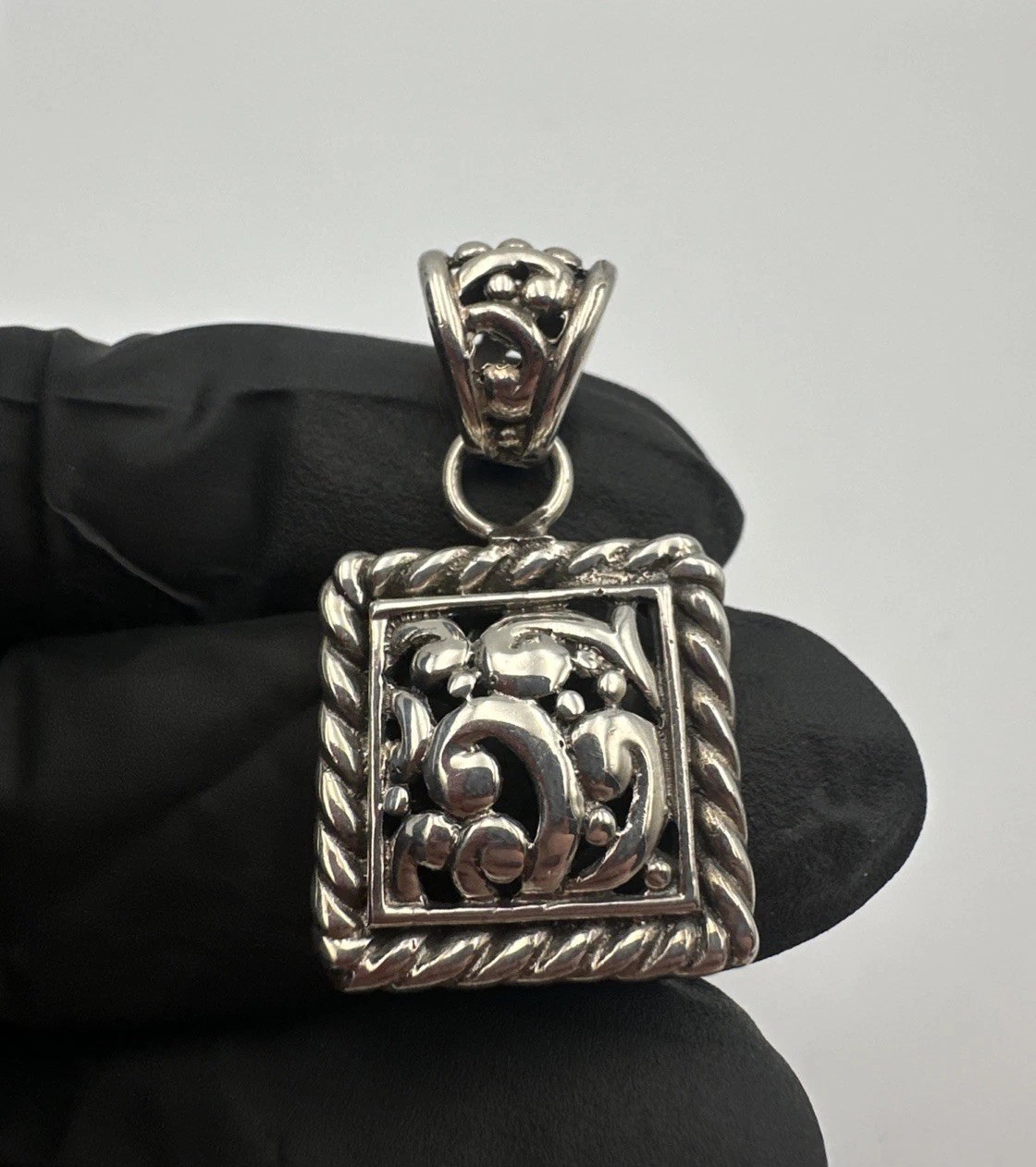 Vintage Box Square Open Scroll Design Sterling Silver Pendant 925 Stamped 9.1g