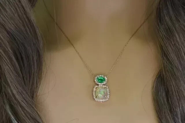 3.00Ctw Cushion Cut Lab-Created Fire Opal Emerald Pendant 14k Yellow Gold Plated