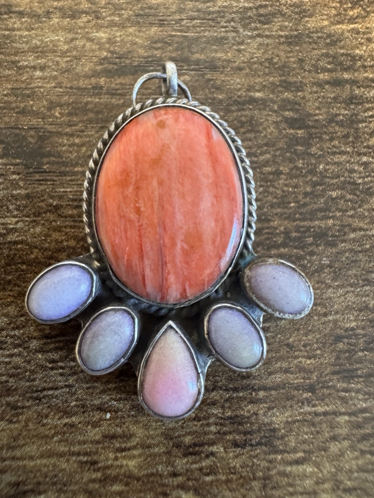 Sterling Silver Multi Color Spiny Oyster Pendant – Signed DM Lee – Vtg Southwest