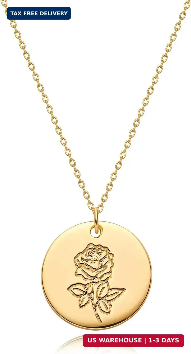 MYEARS Women Birth Flower Necklace Gold Coin Engraved Disc 12 Month Flower Bouqu