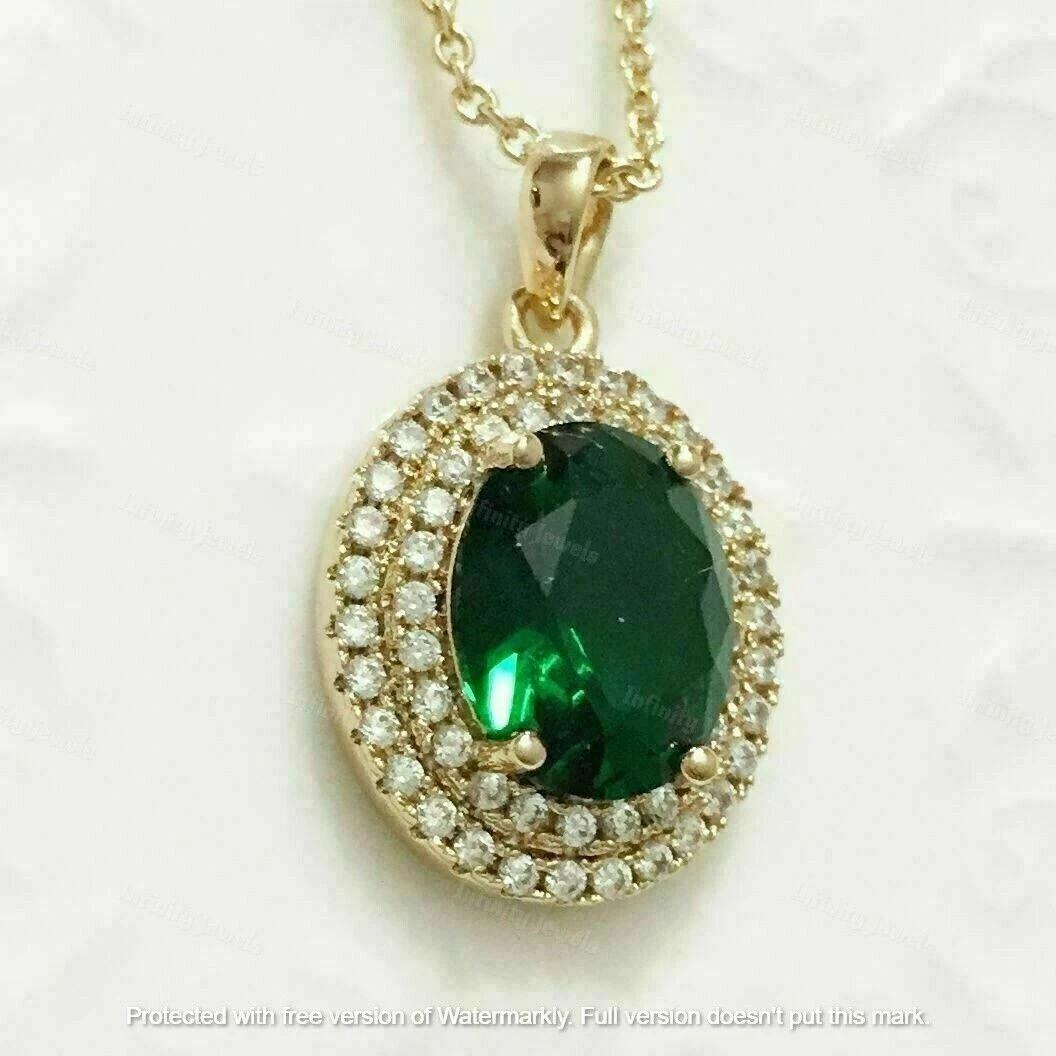4Ct Oval Cut Green Emerald Diamond Halo Pendant Necklace 14K Yellow Gold Finish