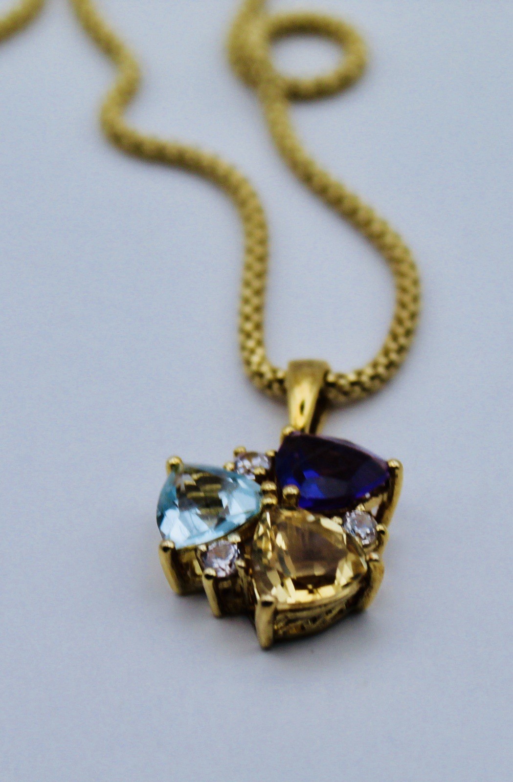 Topaz, Citrine, Amethyst and natural Cambodian Zircon Pendant & Chain 14K OL SS