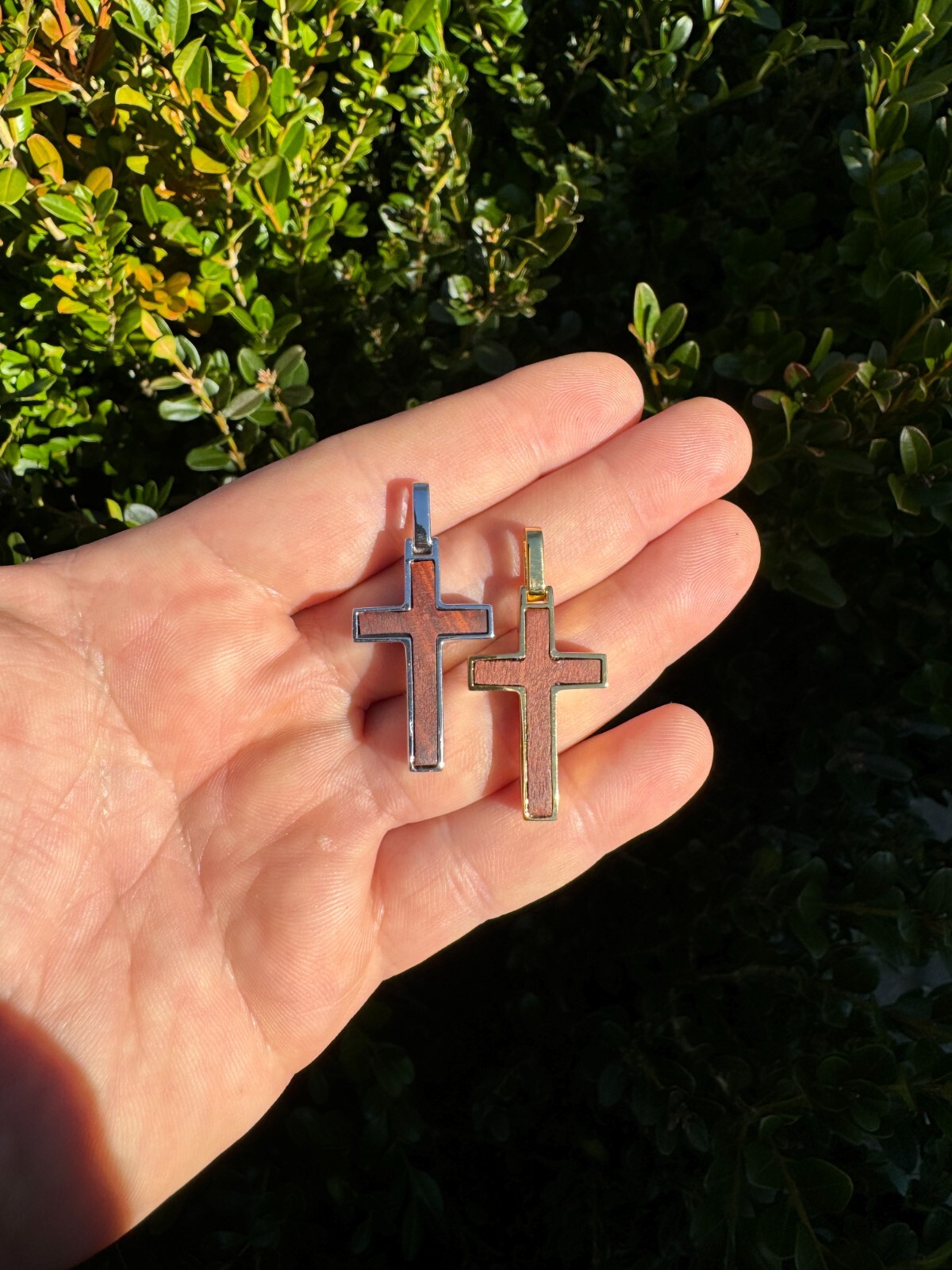 Real 925 Silver & Wood Inlay Plain Religious Cross Pendant Necklace Handmade