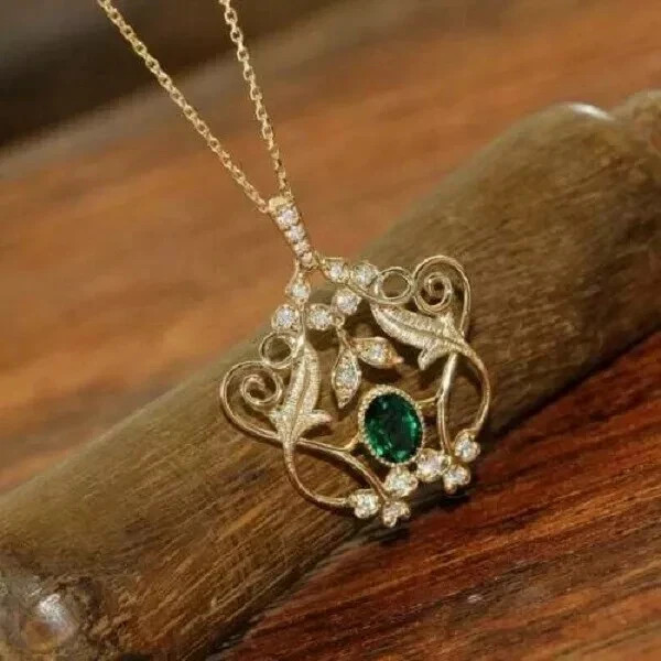 3Ct Oval Cut Green Emerald Women’s Pendant 14K Yellow Gold 18”Free Chain