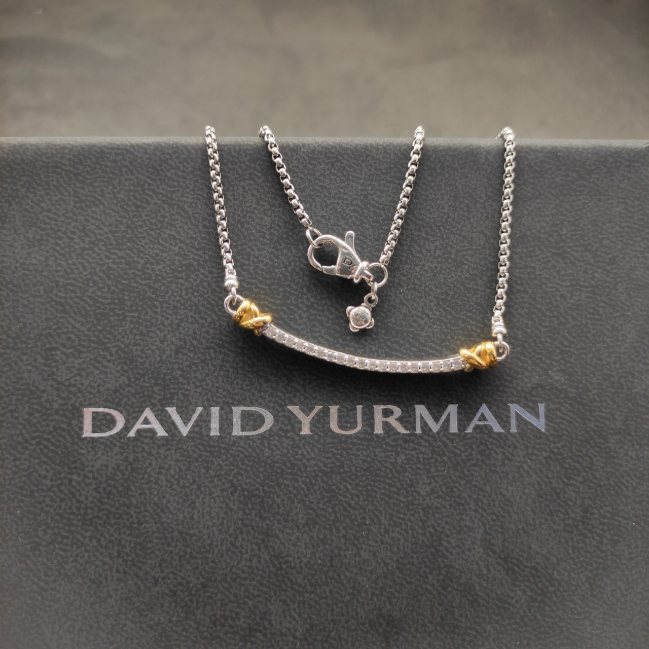 David Yurman Two Tone Crossover Bar Pendant 925 Silver 18K Gold Pave Diamond 55