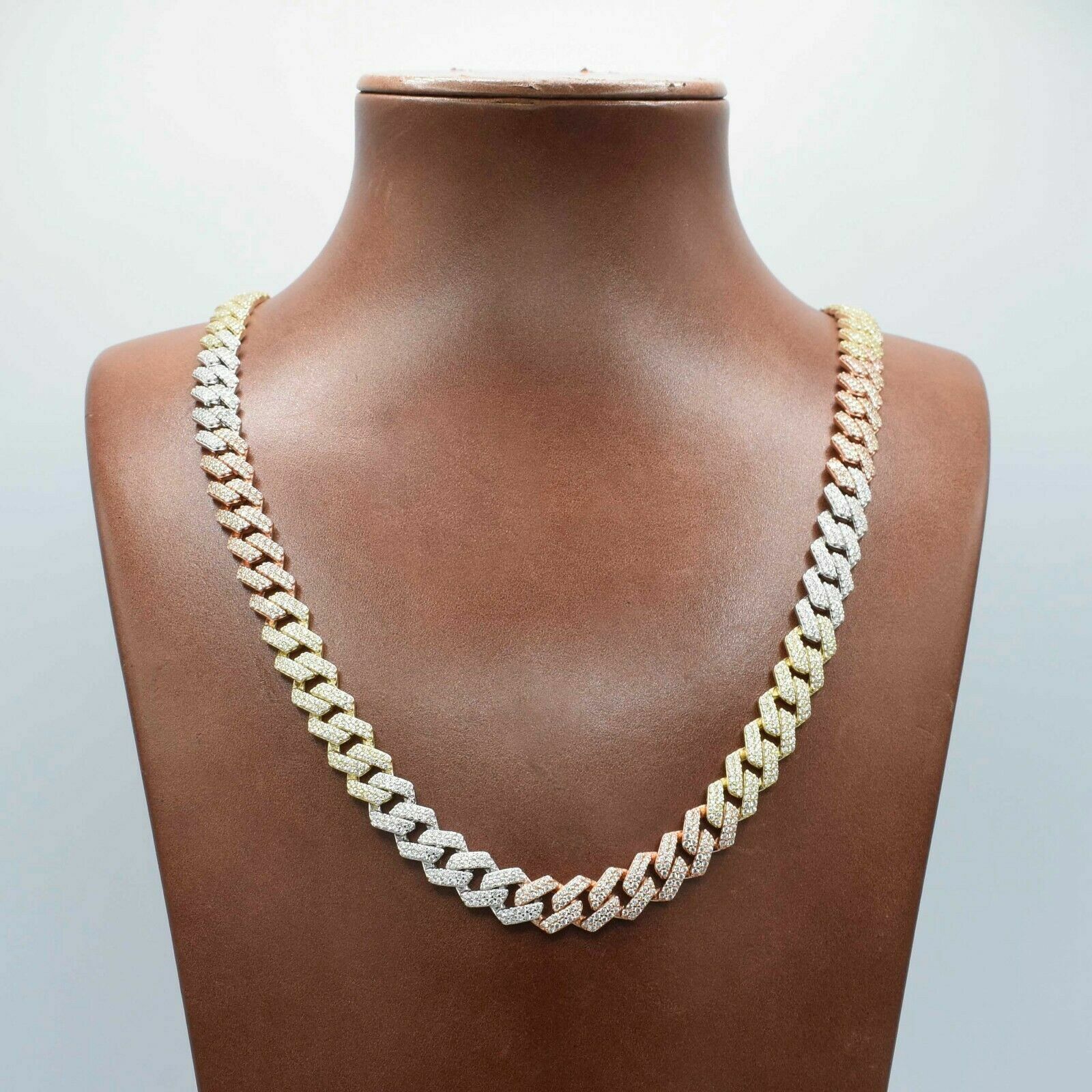 8.5mm Edge Miami Cuban Curb Link CZ Chain Real Tri-Color Sterling Silver 925