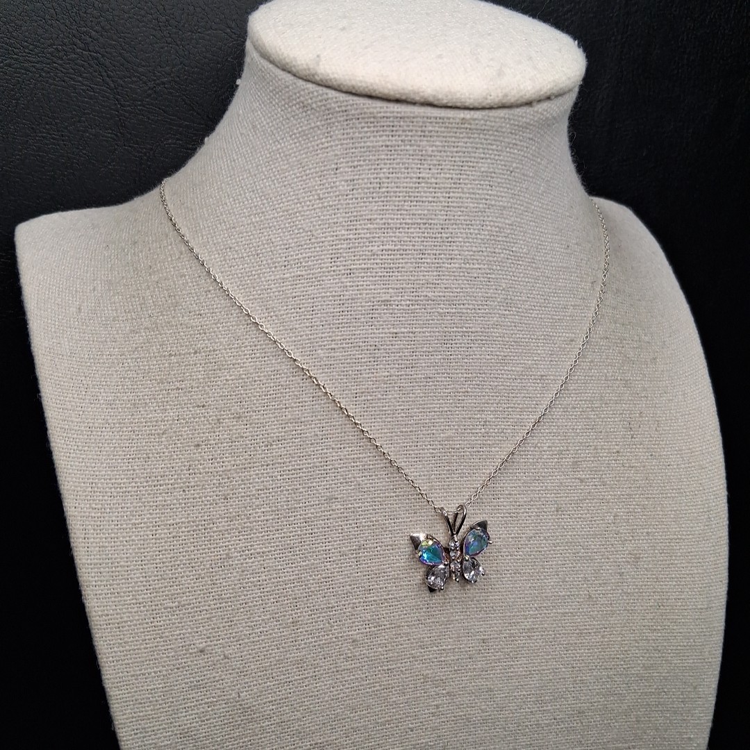 STERLING Silver 925 Chain Necklace Butterfly Pave Pendant W/ Crystal. 16.779
