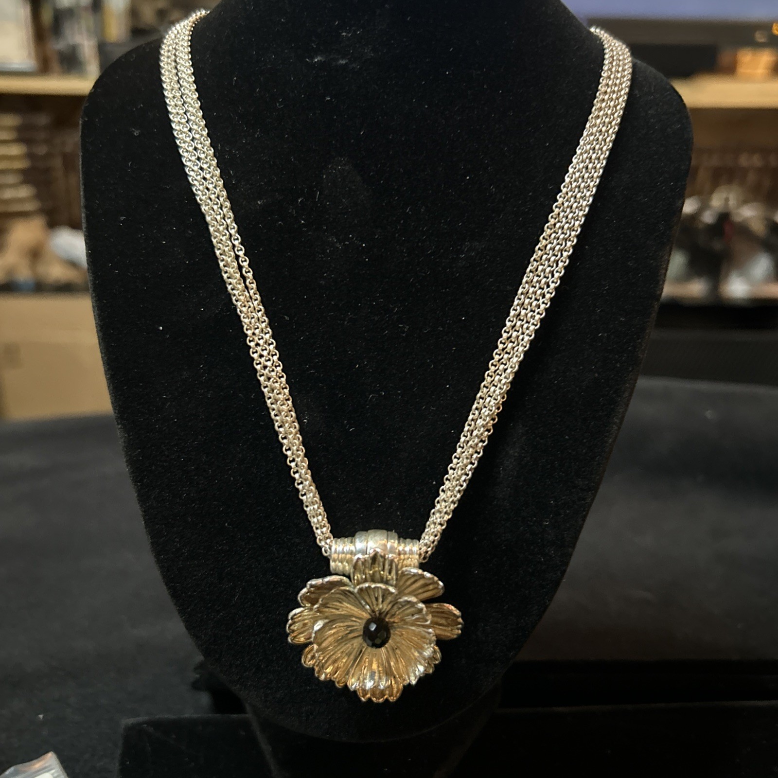#53 Joseph Esposito Silver 925 Layered Flower Snap Pendant Necklace – 17″