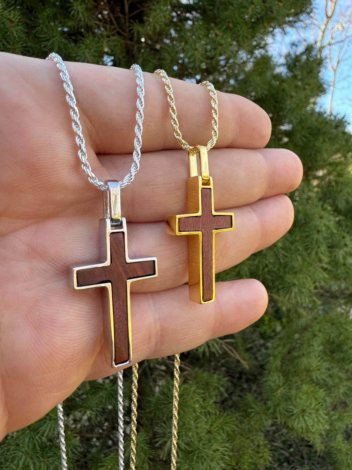 Real 925 Silver & Wood Inlay Plain Religious Cross Pendant Necklace Handmade
