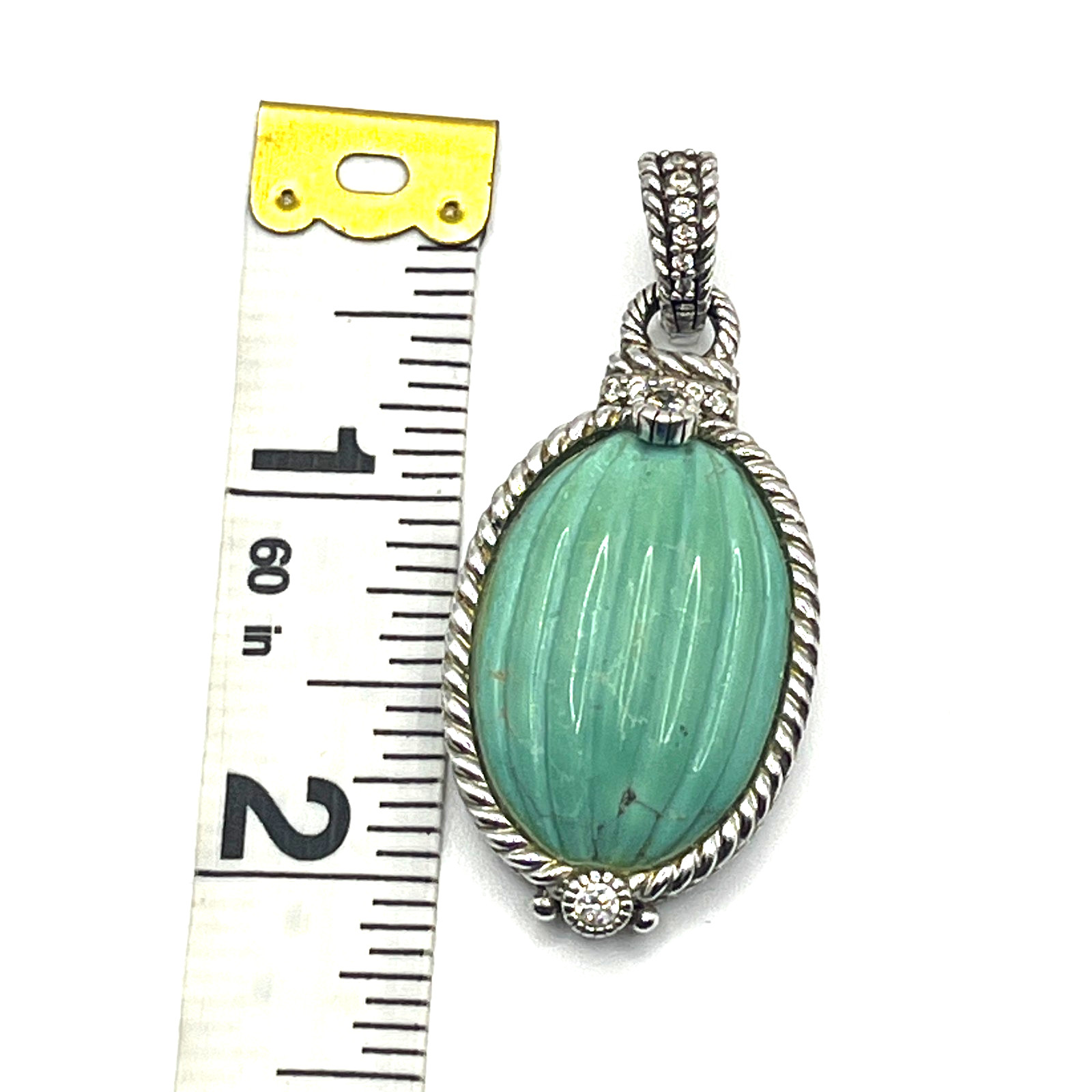 Judith Ripka Enhancer Pendant 2″ Turquoise Carved Diamonique Twist Sterling 925