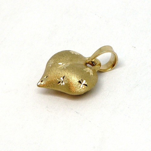14K Yellow Gold Satin Puffed Heart Charm with Diamond Cut Stars Pendant 3D