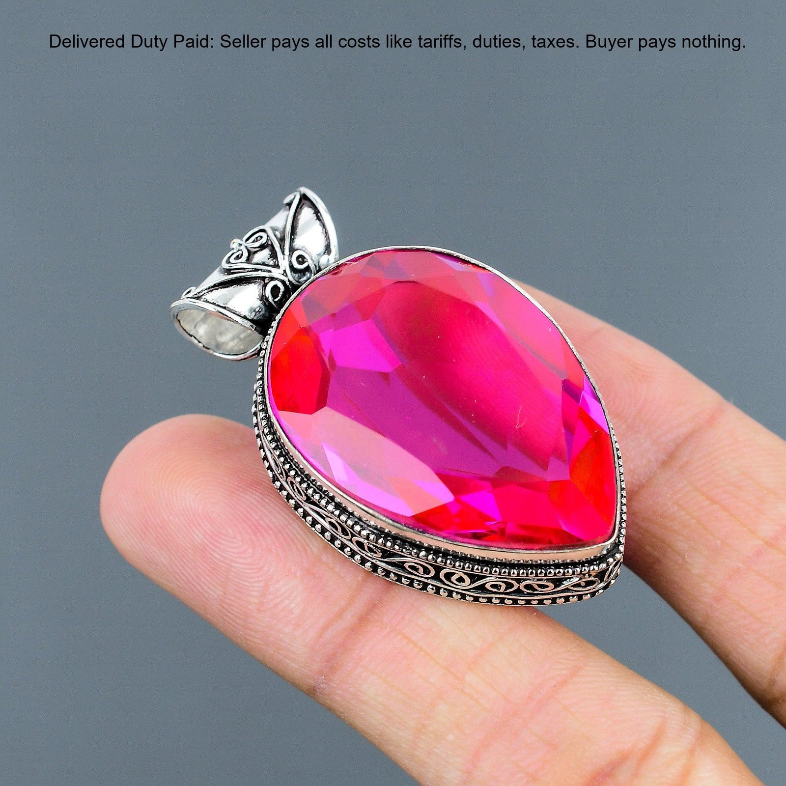Pear Natural Pink Fire Topaz Bezel Birthday Vintage Wife Pendant Sterling Silver