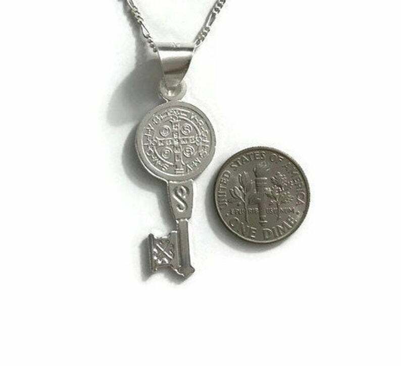 925 Silver Saint Benedict Key Necklace 18″ Long /Cadena San Benito llave – P63-1
