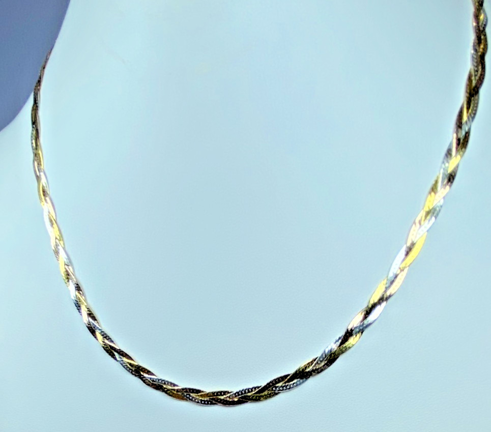 22K Gold over Sterling Silver AGI Signed Tri-Color Braided Necklace, 20″, 11.2g