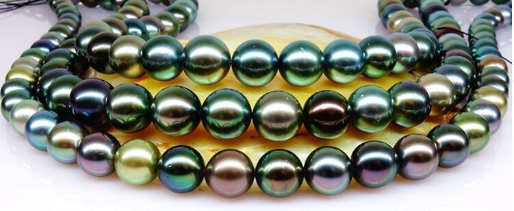 38″9-10mm Natural Tahitian genuine peacock gold multicolor round pearl necklace