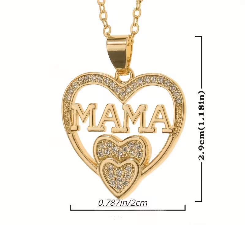 14K Yellow Gold Plated Lab Created Diamond Heart MAMA Pendant Necklace for Her