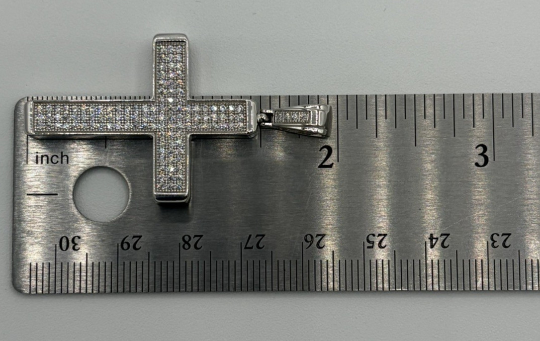 925 Sterling Silver Religious Cross Pendant Round CZ 1.95″ 9.42g