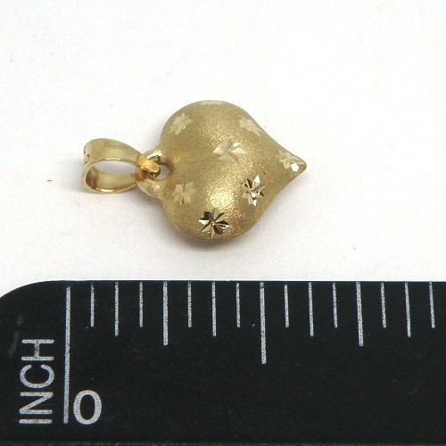 14K Yellow Gold Satin Puffed Heart Charm with Diamond Cut Stars Pendant 3D