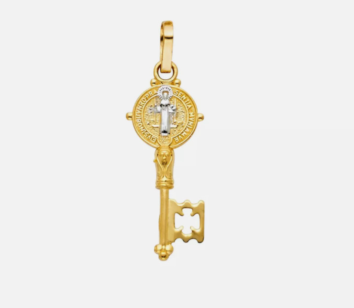 14K Gold Plated Saint Benedict Key – 1.3″ Pendant 925 Sterling Silver San Benito
