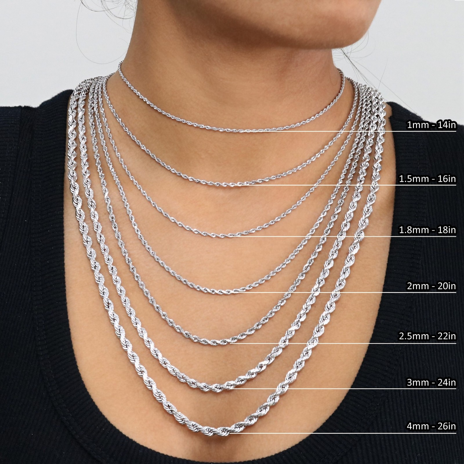 10K White Gold 1.5mm-6mm Diamond Cut Solid Rope Chain Pendant Necklace 16″- 30″